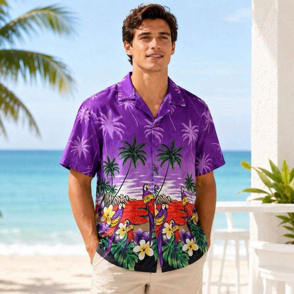 On Shore Size L Vibrant Purple and Multi Color Parrots Short Sleeve Tropical